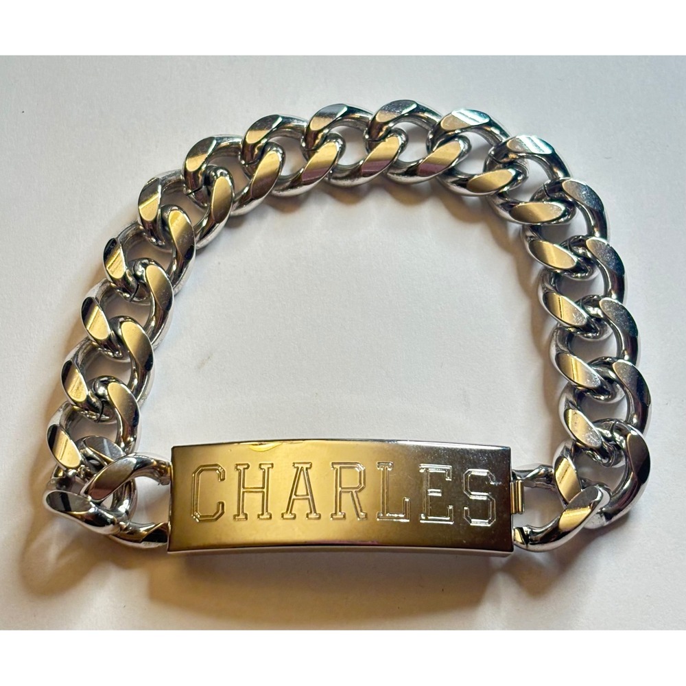 Vintage Speidel Charles ID Bracelet Rhodium Electroplated Curb Chain Silver Tone